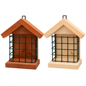 Houten birdcakehouders in donker en licht hout met metalen voerrek