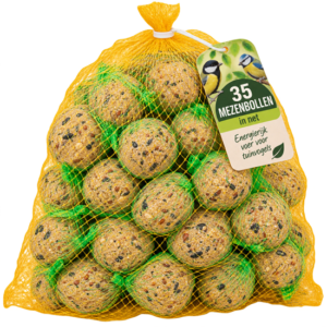 Gele voordeelzak met 35 mezenbollen in net voor tuinvogels