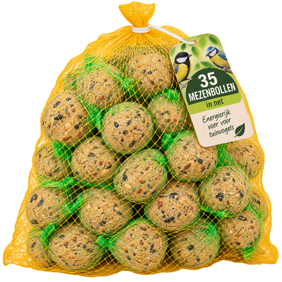 Gele voordeelzak met 35 mezenbollen in net voor tuinvogels