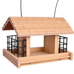 Naturel houten voederhuis Daisy met twee zwarte vetblokhouders